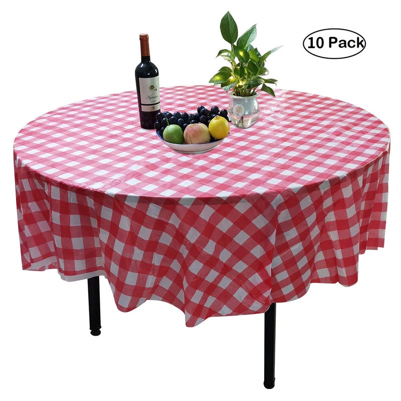 YUEKUI 10 Pack Round Plastic Checkered BBQ Tablecloth -Red & White Checkered Gingham Tablecloth -Plastic Picnic Table Covers (Round 84 inch) - Image 2